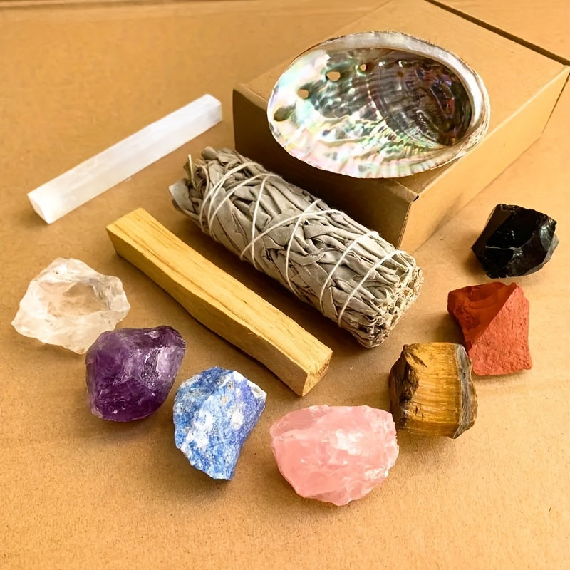 7-Chakra Crystal Healing Kit With White Sage, Selenite Wand & Peruvian Wood