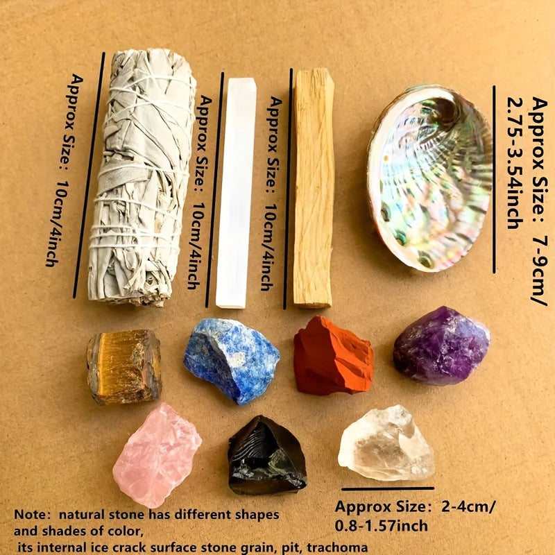 7-Chakra Crystal Healing Kit With White Sage, Selenite Wand & Peruvian Wood