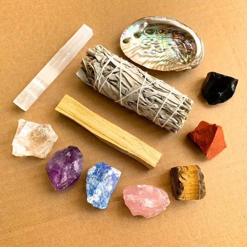 7-Chakra Crystal Healing Kit With White Sage, Selenite Wand & Peruvian Wood