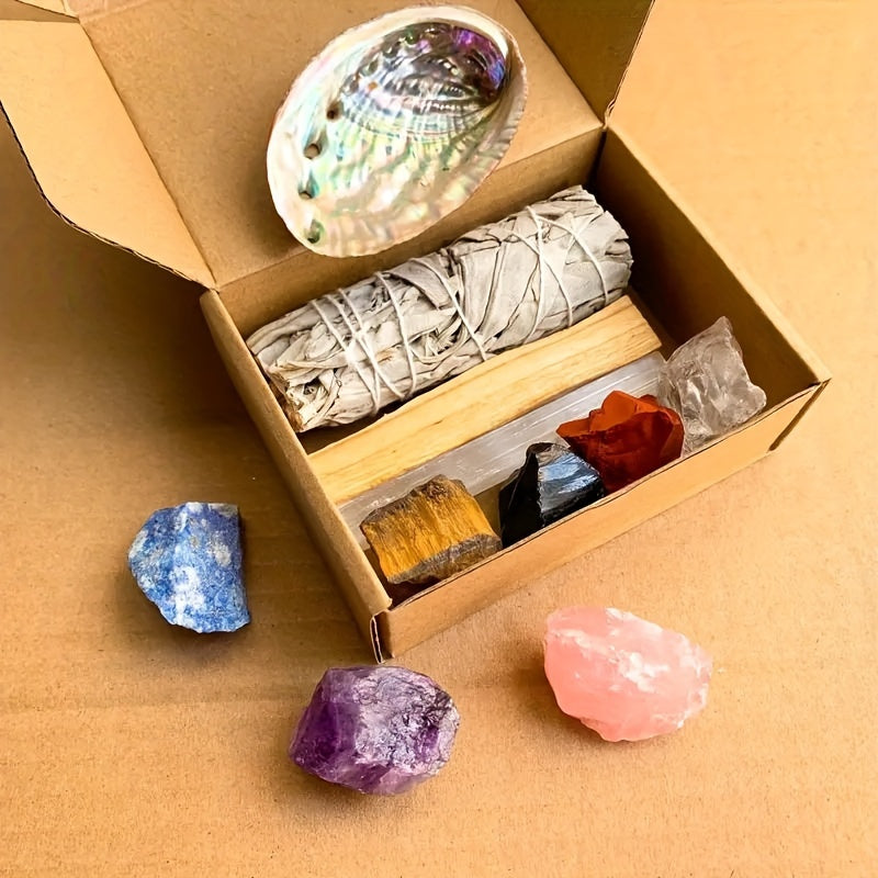 7-Chakra Crystal Healing Kit With White Sage, Selenite Wand & Peruvian Wood