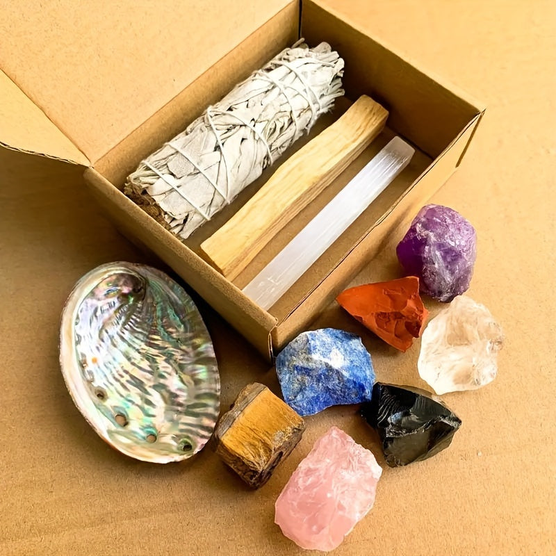 7-Chakra Crystal Healing Kit With White Sage, Selenite Wand & Peruvian Wood