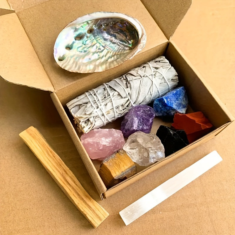 7-Chakra Crystal Healing Kit With White Sage, Selenite Wand & Peruvian Wood