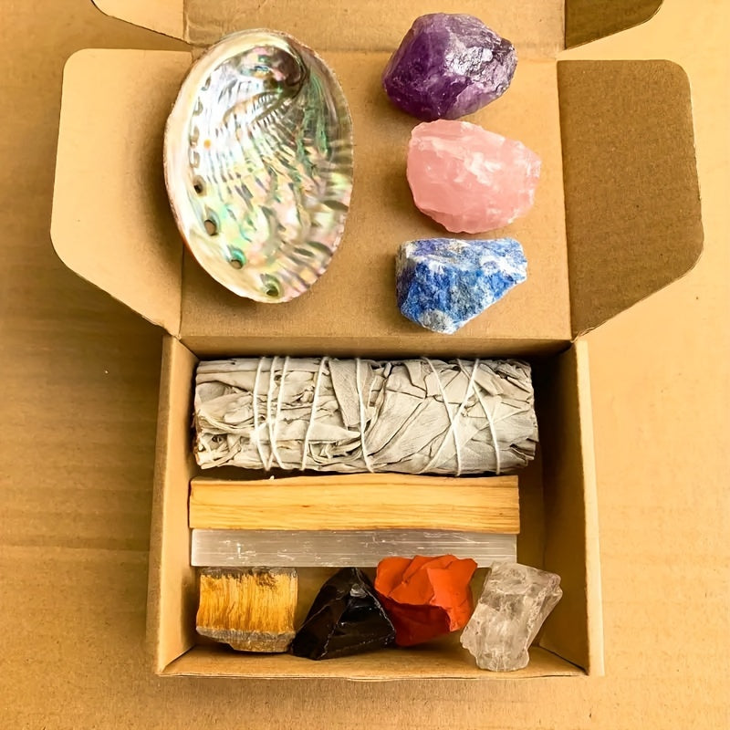 7-Chakra Crystal Healing Kit With White Sage, Selenite Wand & Peruvian Wood