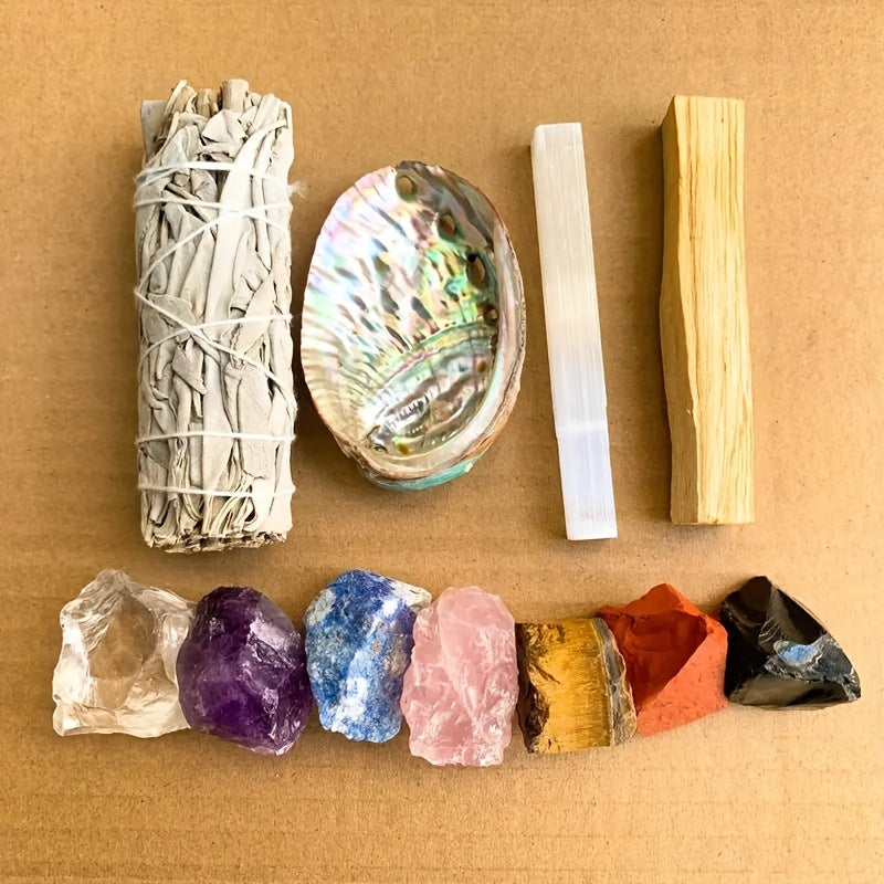 7-Chakra Crystal Healing Kit With White Sage, Selenite Wand & Peruvian Wood
